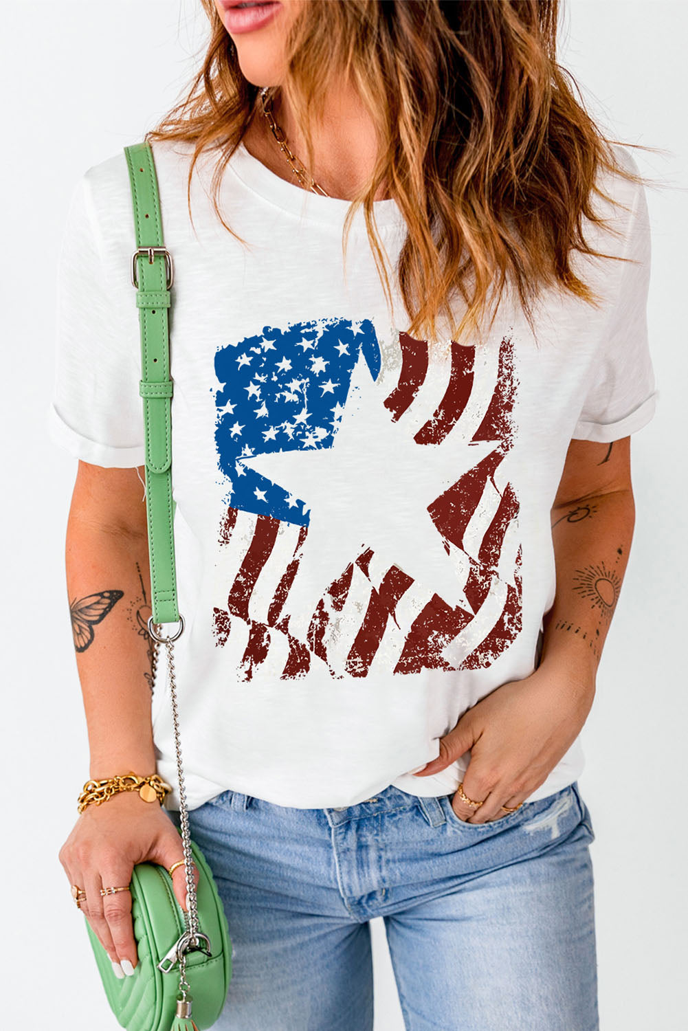 US Flag Graphic Round Neck Tee featuring a vibrant flag design, short sleeves, and a comfortable round neckline.