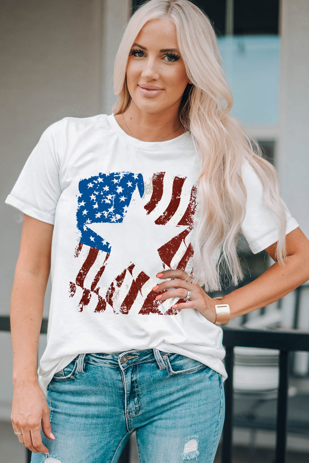 US Flag Graphic Round Neck Tee featuring a vibrant flag design, short sleeves, and a comfortable round neckline.