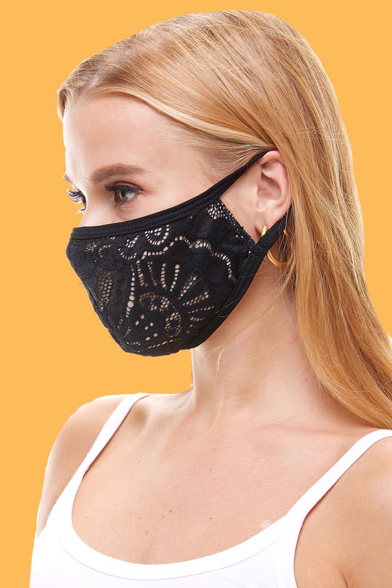 USA made sexy lace face mask in various prints, showcasing its elegant design and comfortable ear loops.