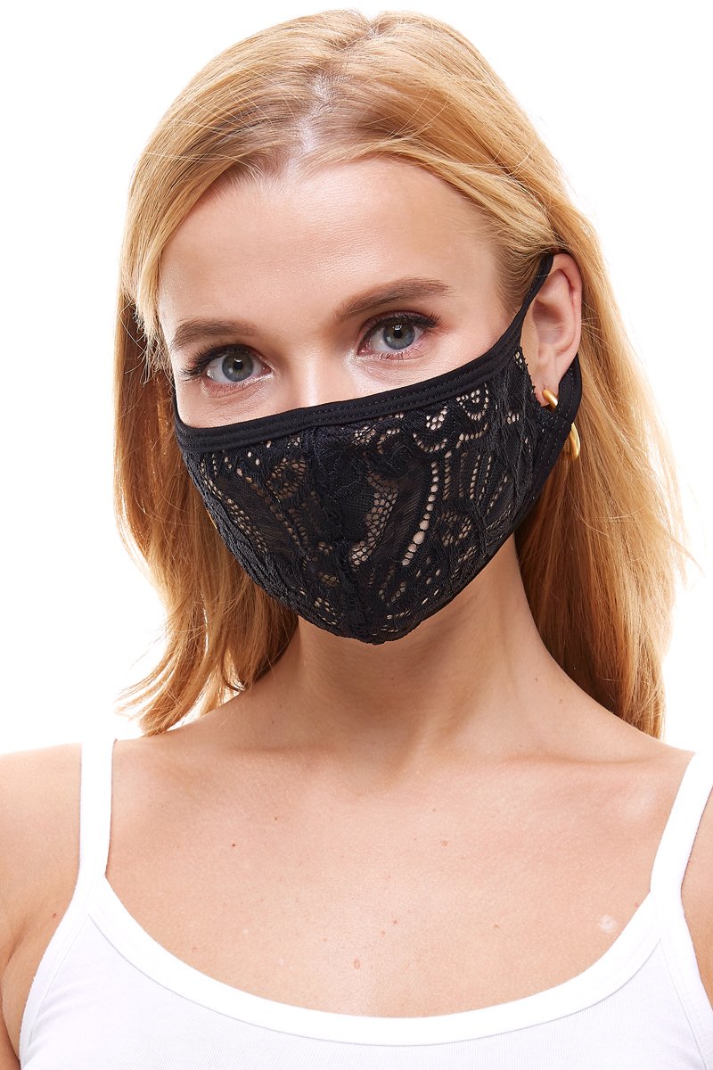 USA made sexy lace face mask in various prints, showcasing its elegant design and comfortable ear loops.