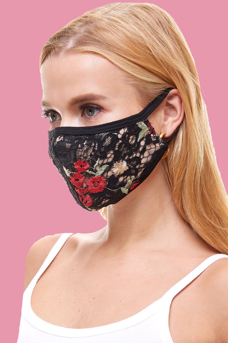 USA made sexy lace face mask in various prints, showcasing its elegant design and comfortable ear loops.