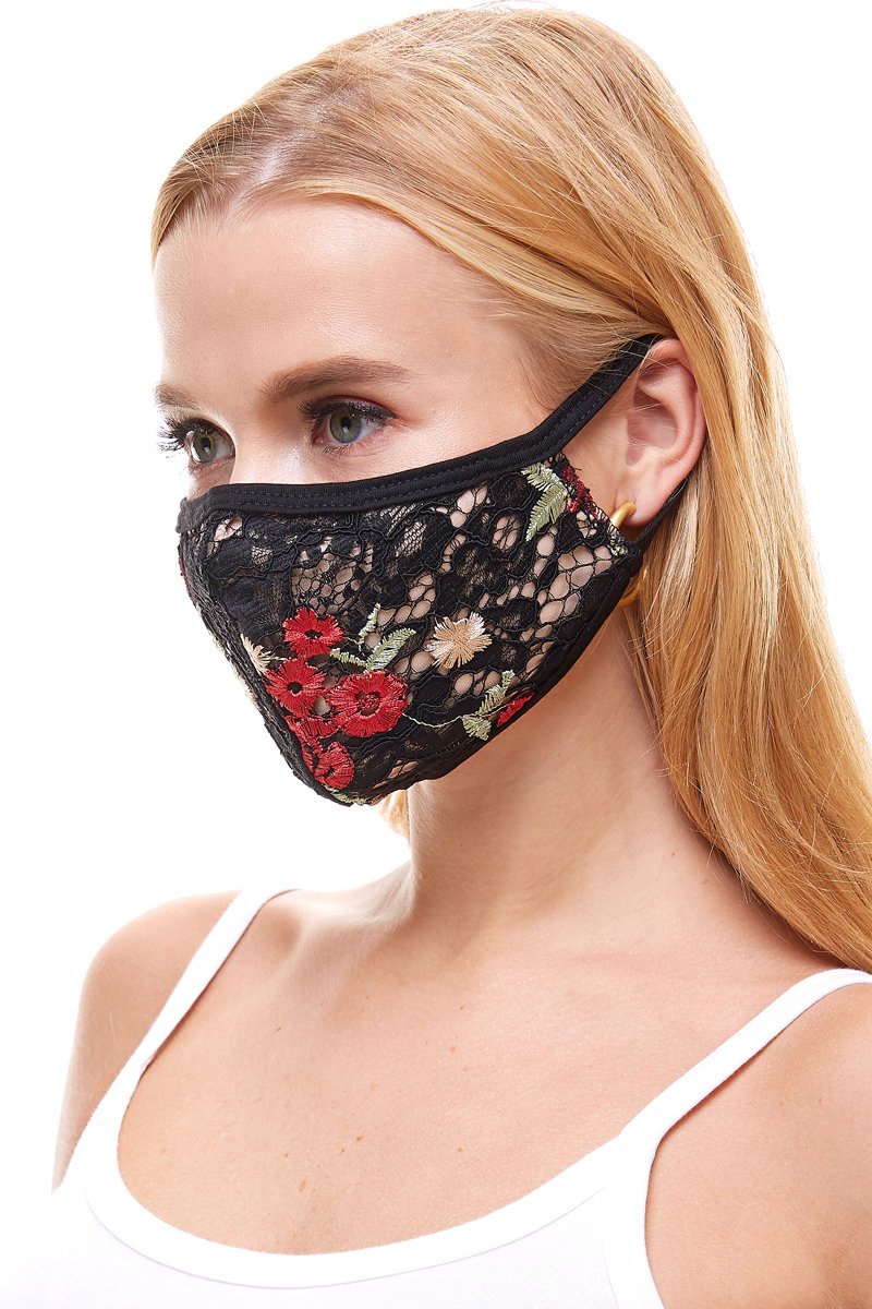 USA made sexy lace face mask in various prints, showcasing its elegant design and comfortable ear loops.