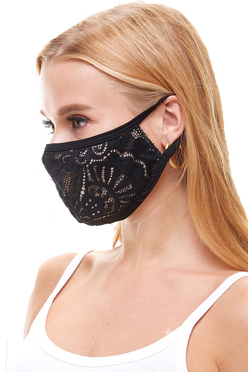 USA made sexy lace face mask in various prints, showcasing its elegant design and comfortable ear loops.