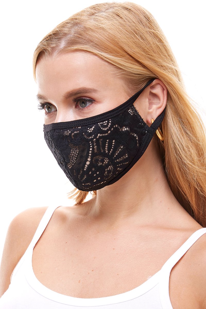 USA made sexy lace face mask in various prints, showcasing its elegant design and comfortable ear loops.