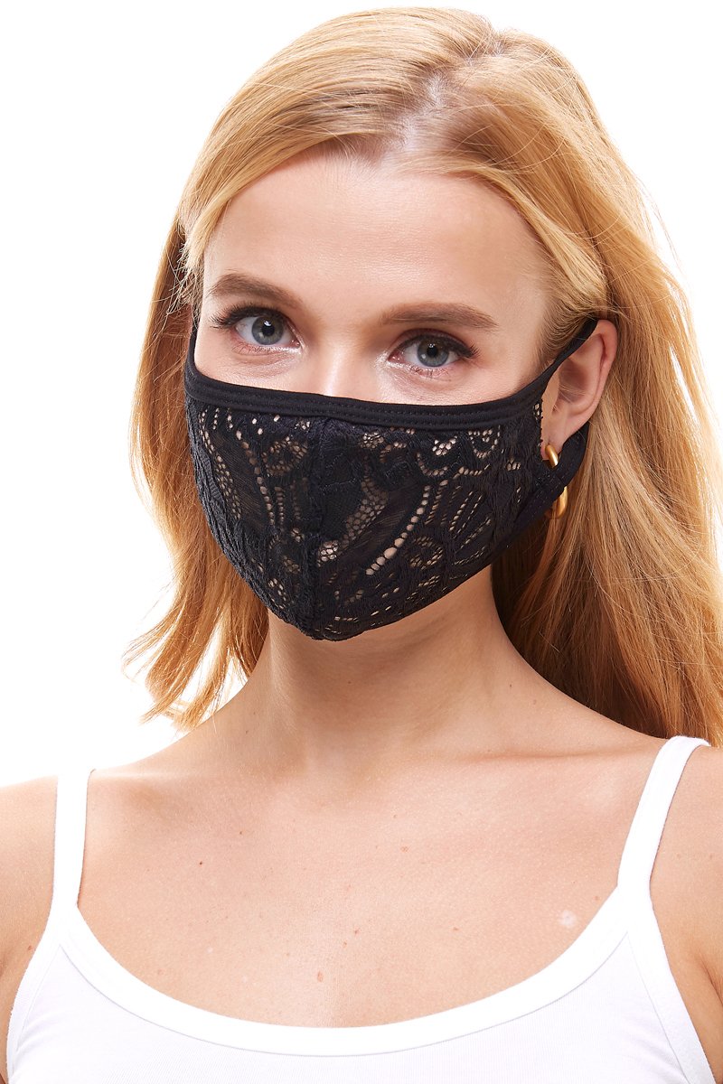 USA made sexy lace face mask in various prints, showcasing its elegant design and comfortable ear loops.