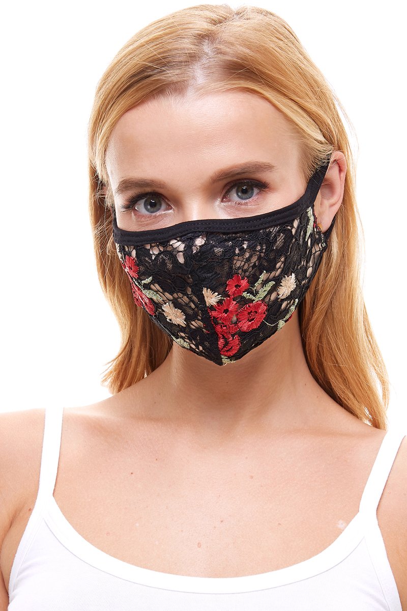 USA made sexy lace face mask in various prints, showcasing its elegant design and comfortable ear loops.