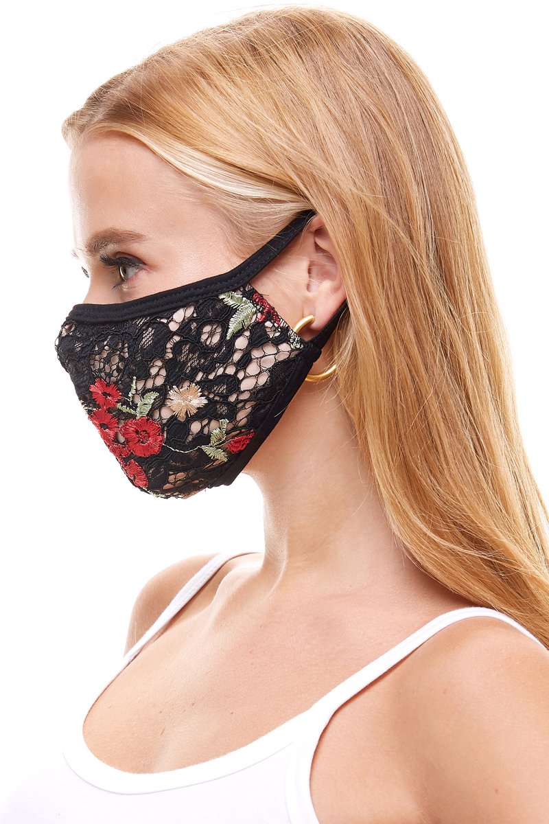 USA made sexy lace face mask in various prints, showcasing its elegant design and comfortable ear loops.