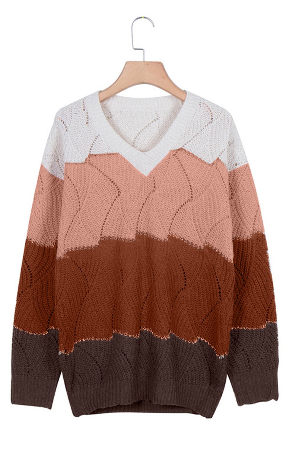 V Neck Colorblock Textured Knit Sweater featuring stylish contrast colors and a cozy fit, perfect for winter fashion.