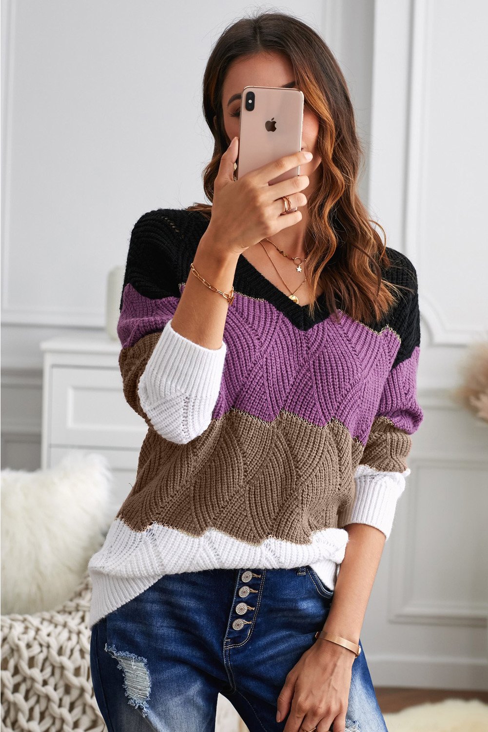 V Neck Colorblock Textured Knit Sweater featuring stylish contrast colors and a cozy fit, perfect for winter fashion.