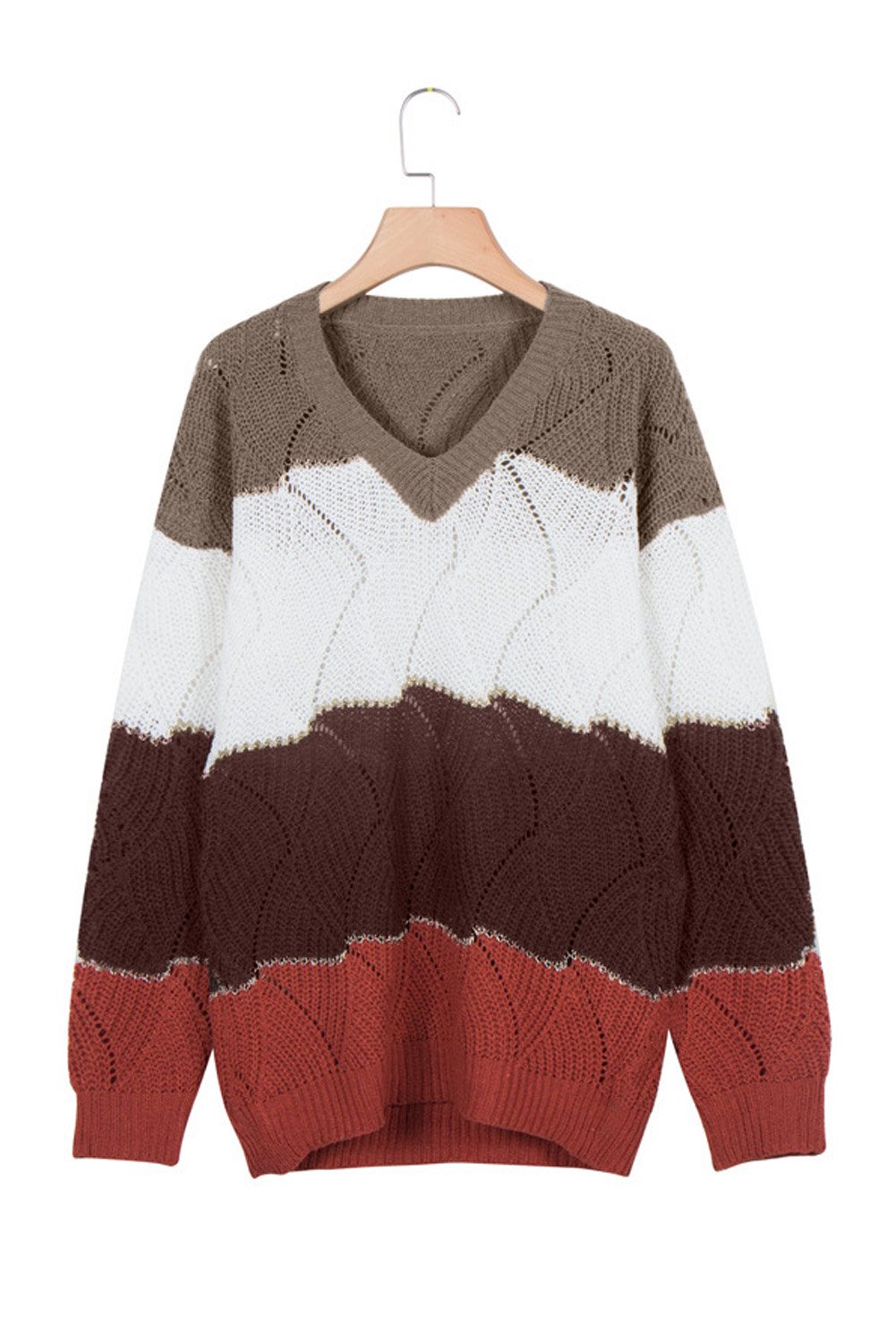 V Neck Colorblock Textured Knit Sweater featuring stylish contrast colors and a cozy fit, perfect for winter fashion.