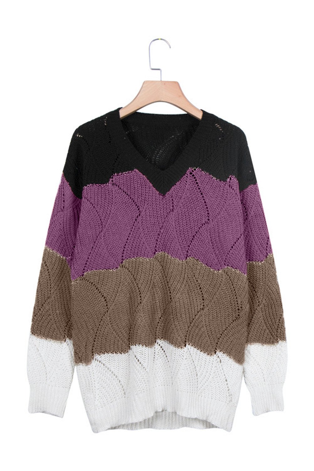 V Neck Colorblock Textured Knit Sweater featuring stylish contrast colors and a cozy fit, perfect for winter fashion.