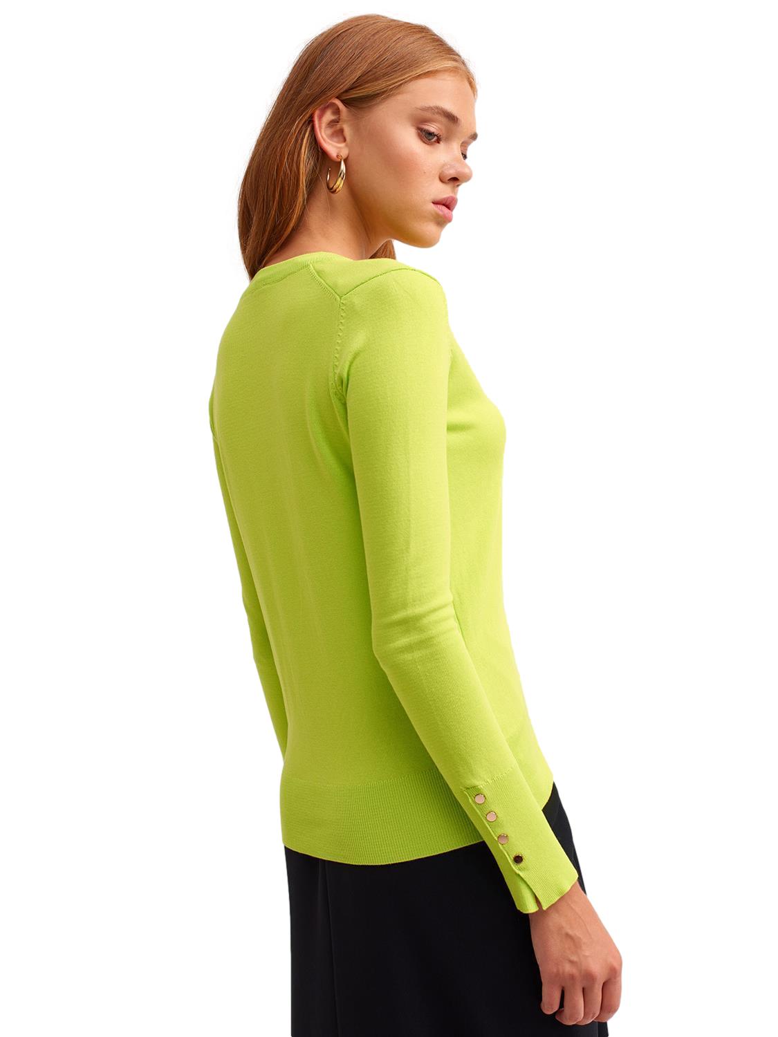 A stylish V Neck Cuff Dropped Sweater in soft fabric, showcasing a modern dropped cuff design and elegant V neckline.