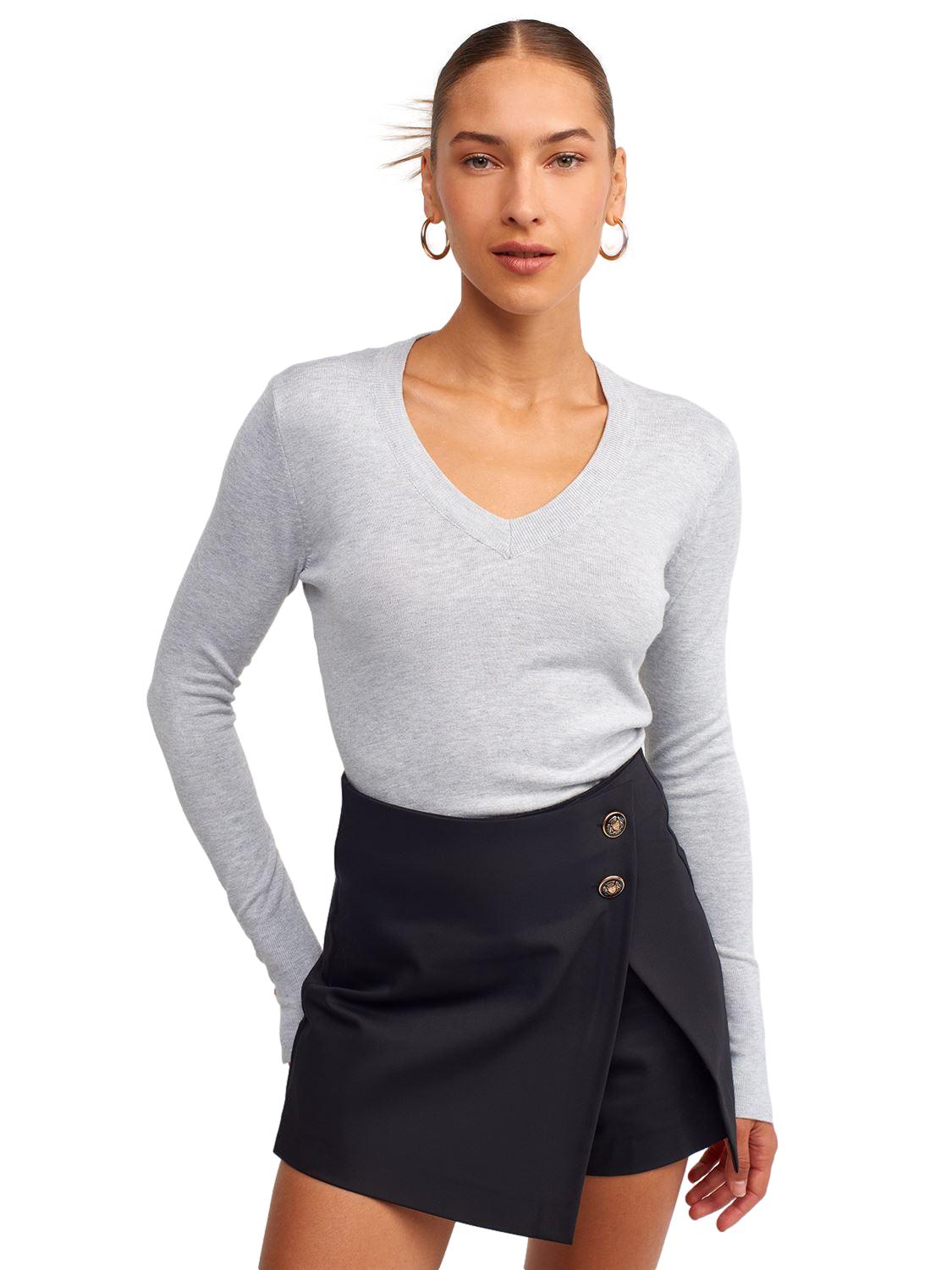 A stylish V Neck Cuff Dropped Sweater in soft fabric, showcasing a modern dropped cuff design and elegant V neckline.