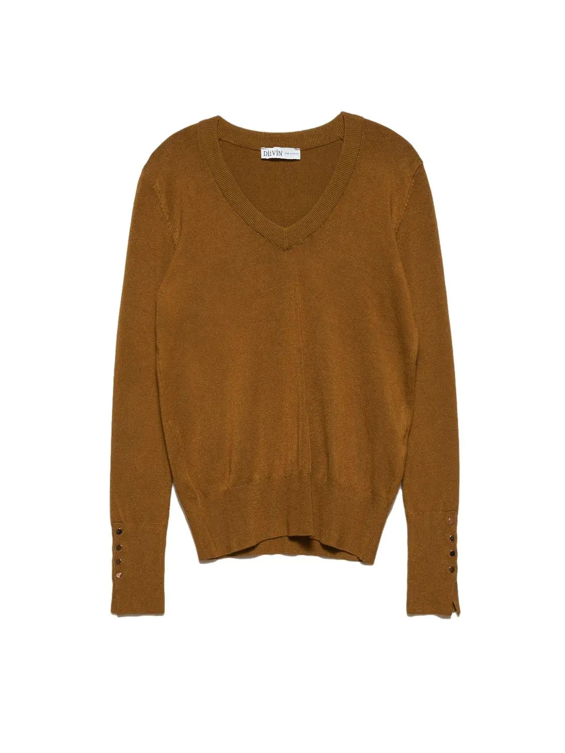 A stylish V Neck Cuff Dropped Sweater in soft fabric, showcasing a modern dropped cuff design and elegant V neckline.