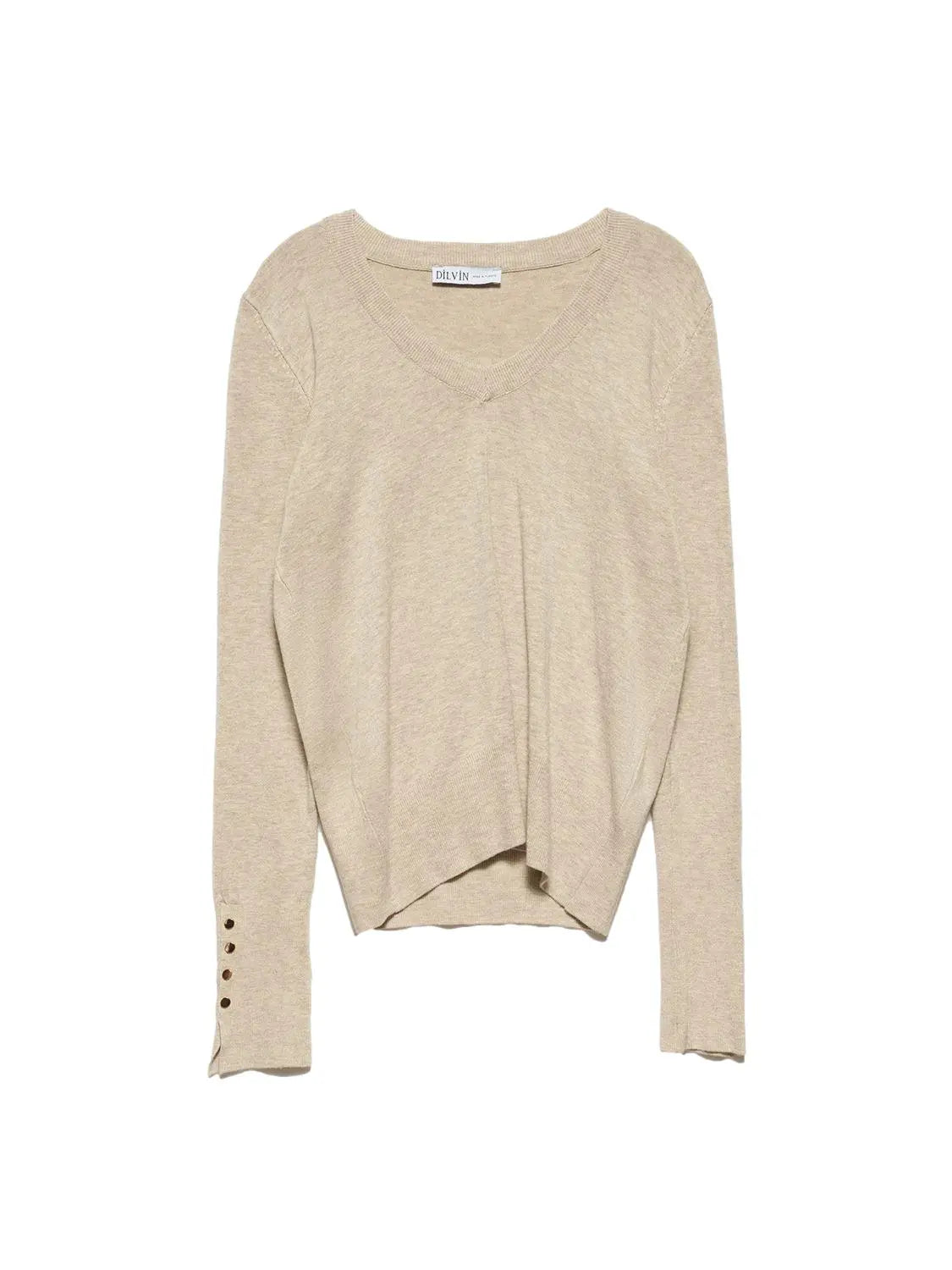 A stylish V Neck Cuff Dropped Sweater in soft fabric, showcasing a modern dropped cuff design and elegant V neckline.