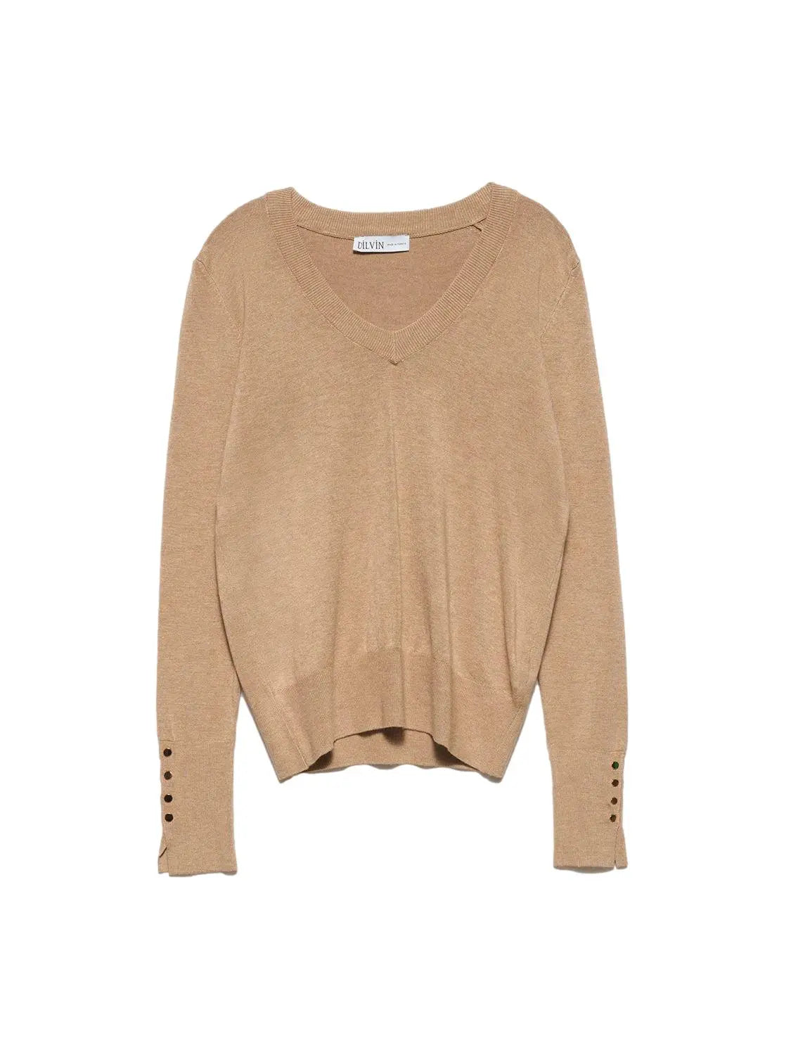 A stylish V Neck Cuff Dropped Sweater in soft fabric, showcasing a modern dropped cuff design and elegant V neckline.