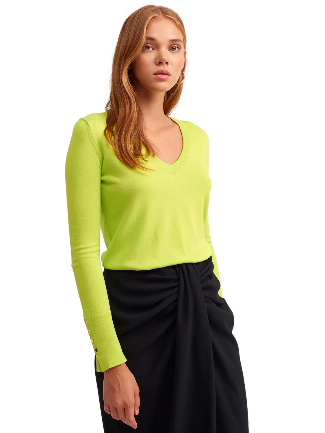 A stylish V Neck Cuff Dropped Sweater in soft fabric, showcasing a modern dropped cuff design and elegant V neckline.