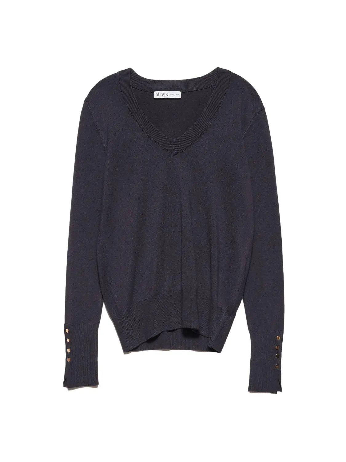 A stylish V Neck Cuff Dropped Sweater in soft fabric, showcasing a modern dropped cuff design and elegant V neckline.