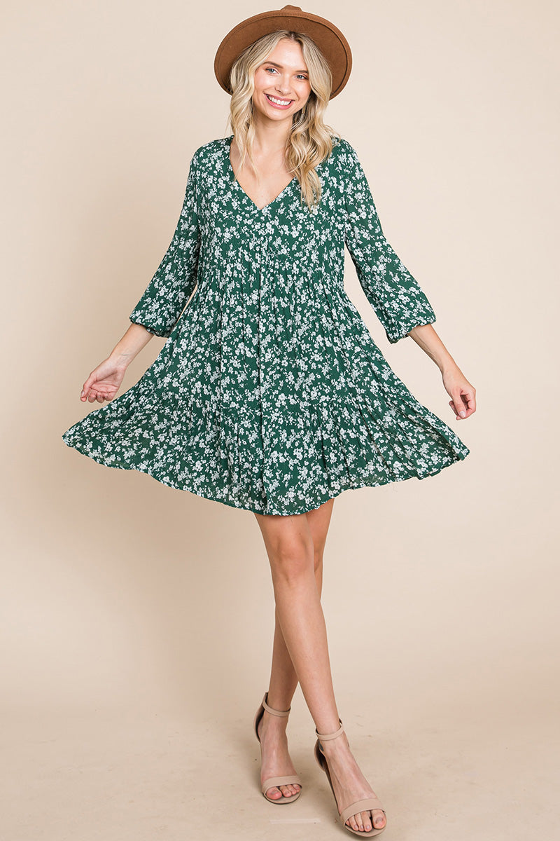 A stylish V neck floral printed long sleeve pleated dress, featuring smocked sleeves and a mini length, perfect for various occasions.