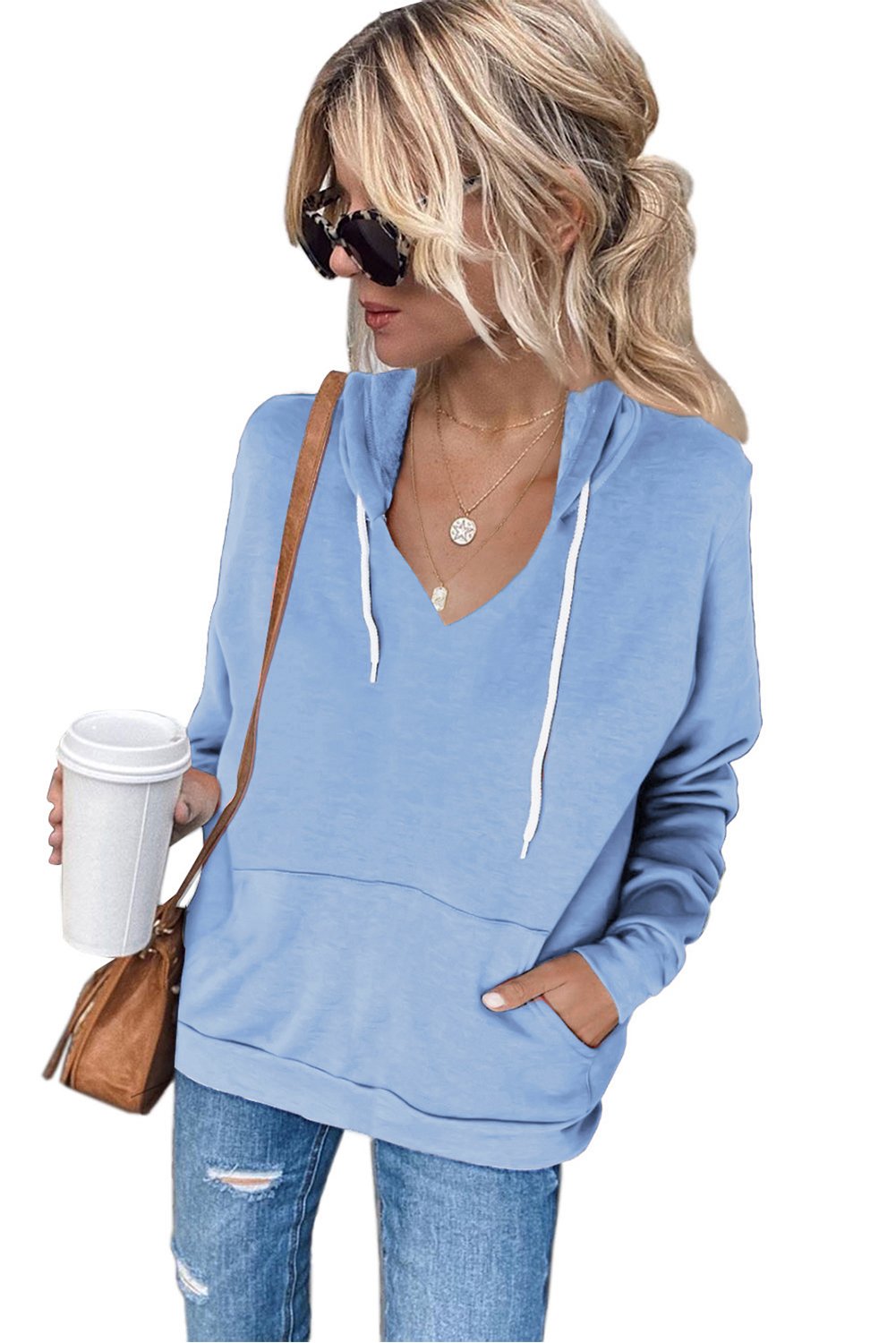 A stylish V Neck Kangaroo Pocket Drawstring Hoodie in solid color, featuring a spacious kangaroo pocket and adjustable drawstring hood.