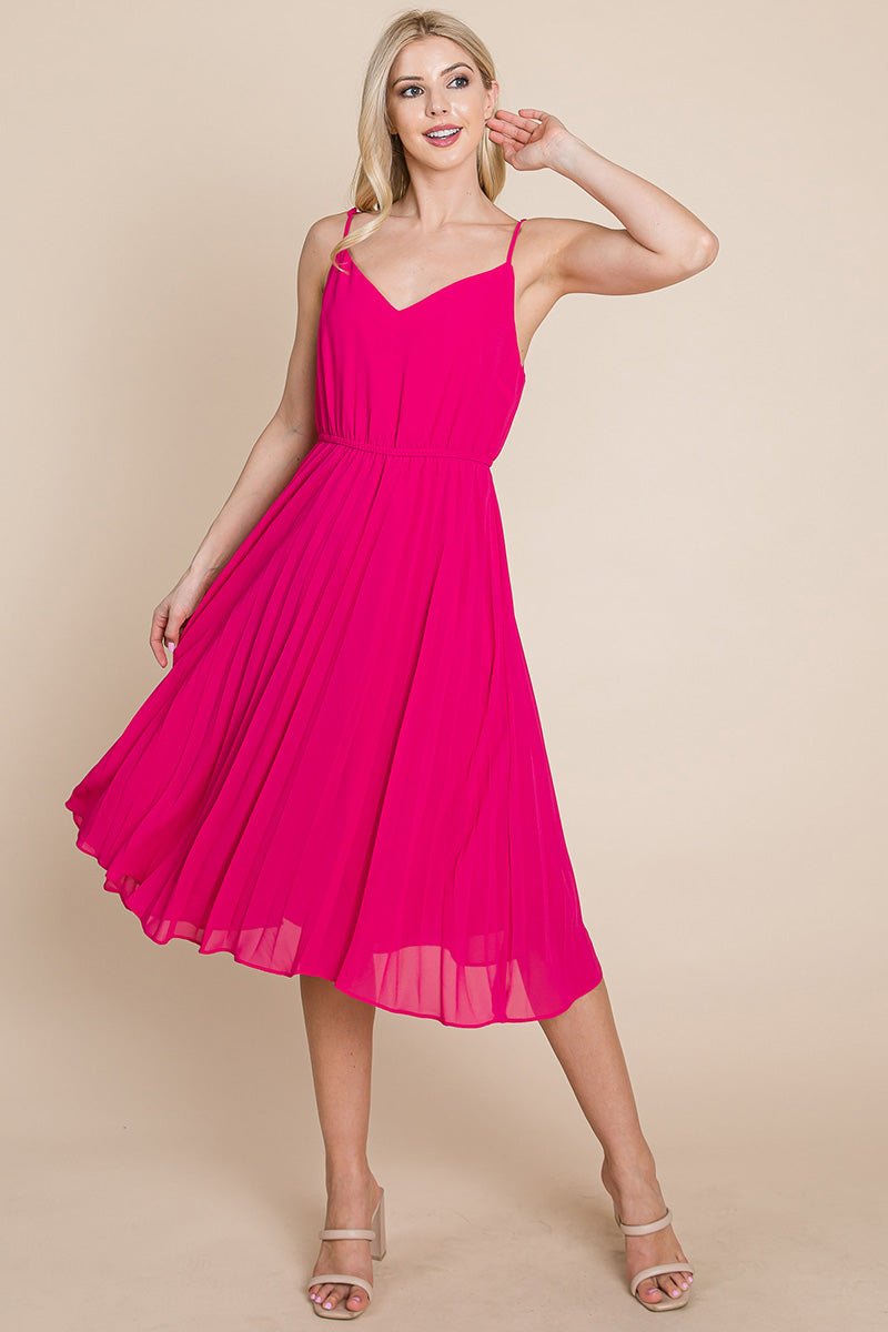 A stylish V Neck Pleated Midi Sundress featuring a sleeveless design, pleated skirt, and adjustable straps, perfect for summer occasions.