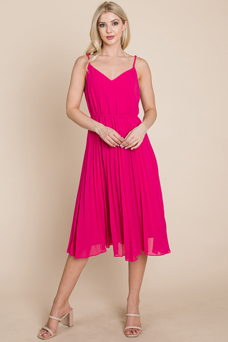 A stylish V Neck Pleated Midi Sundress featuring a sleeveless design, pleated skirt, and adjustable straps, perfect for summer occasions.