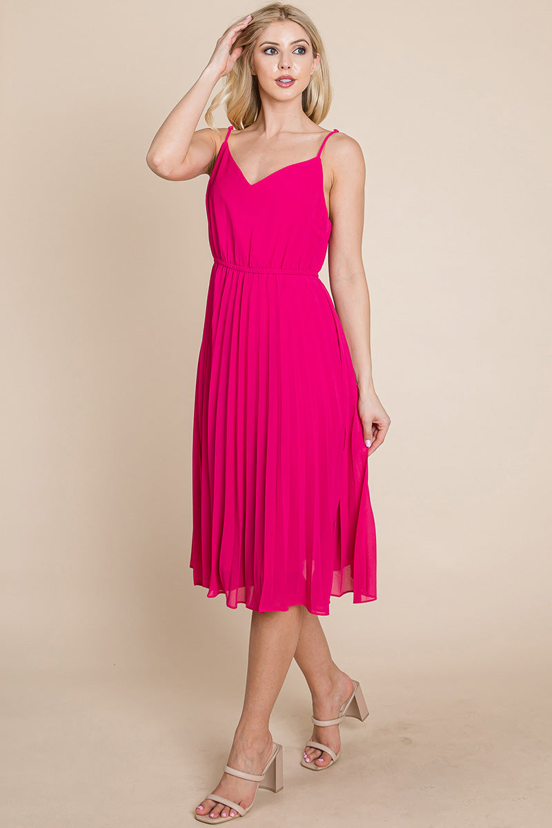 A stylish V Neck Pleated Midi Sundress featuring a sleeveless design, pleated skirt, and adjustable straps, perfect for summer occasions.