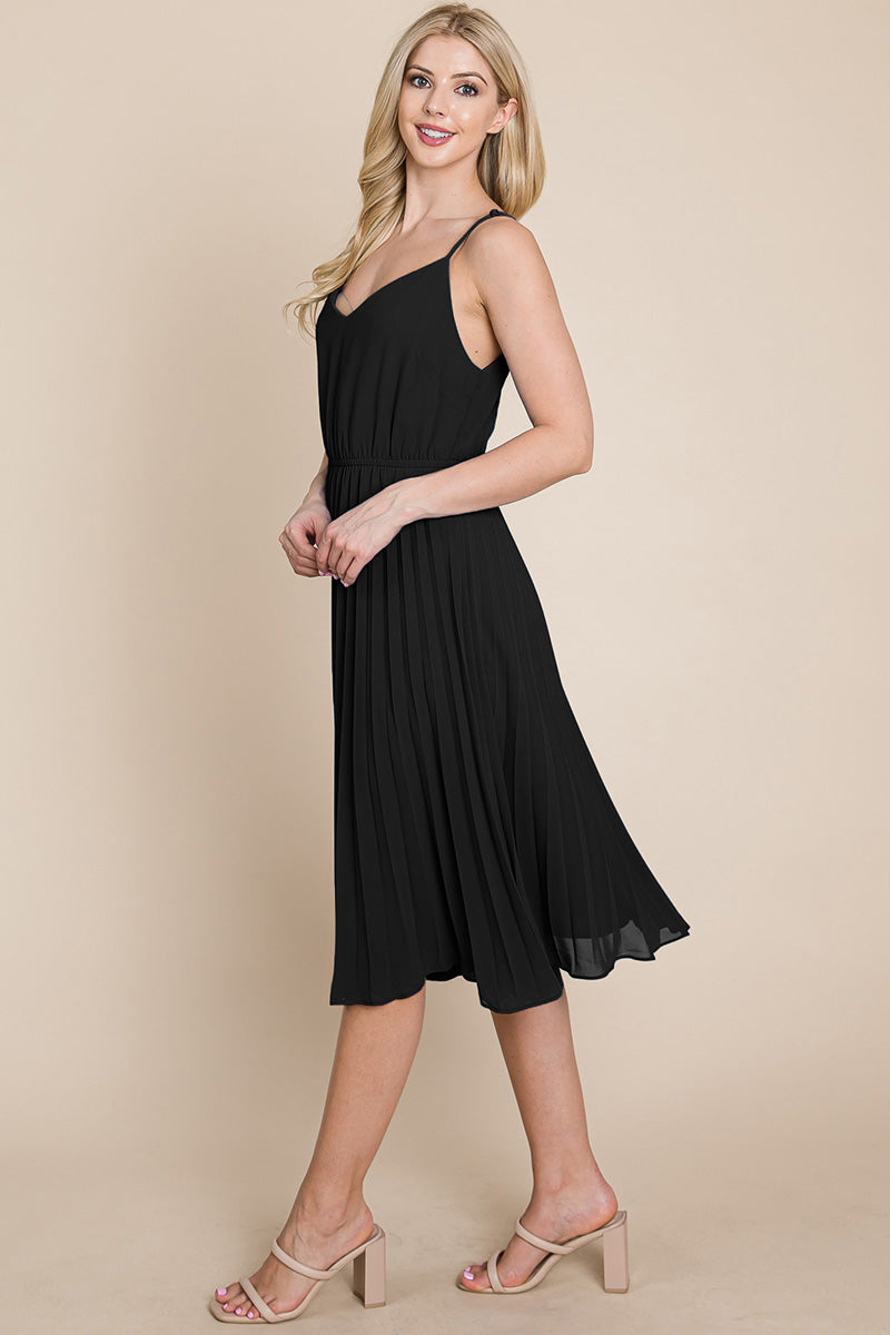 A stylish V Neck Pleated Midi Sundress featuring a sleeveless design, pleated skirt, and adjustable straps, perfect for summer occasions.