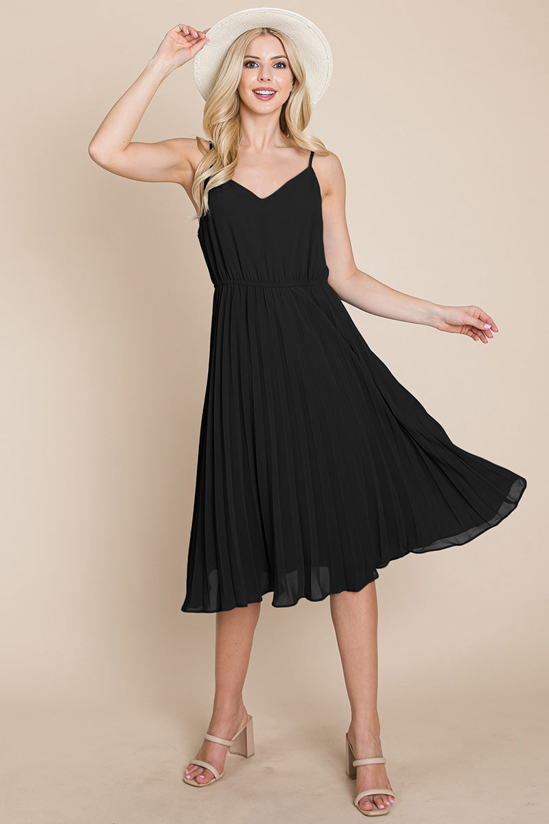 A stylish V Neck Pleated Midi Sundress featuring a sleeveless design, pleated skirt, and adjustable straps, perfect for summer occasions.