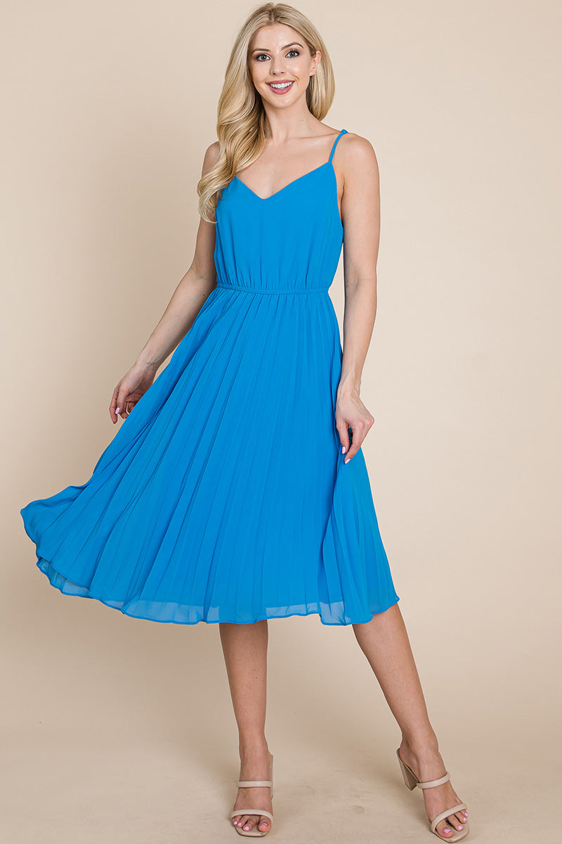 A stylish V Neck Pleated Midi Sundress featuring a sleeveless design, pleated skirt, and adjustable straps, perfect for summer occasions.