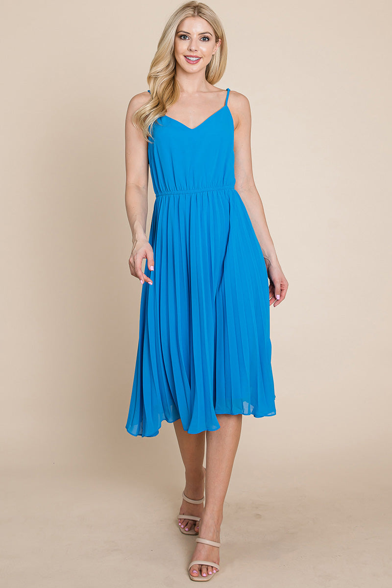 A stylish V Neck Pleated Midi Sundress featuring a sleeveless design, pleated skirt, and adjustable straps, perfect for summer occasions.