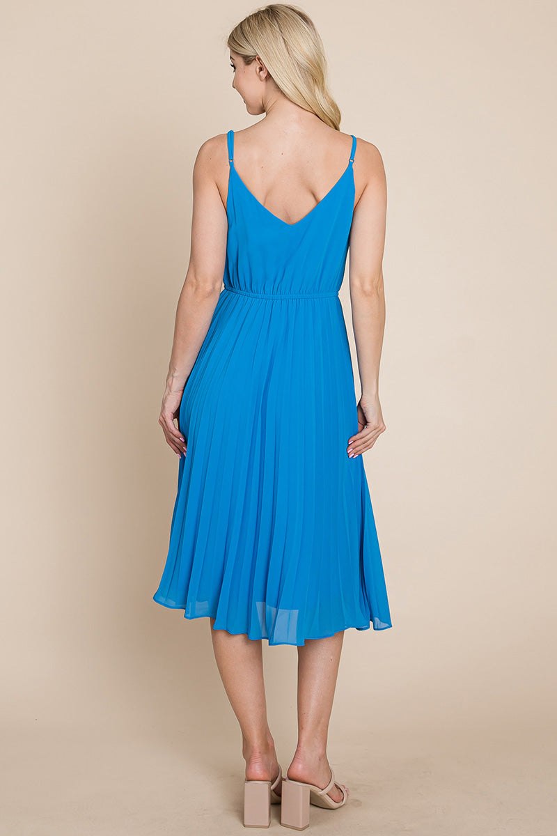 A stylish V Neck Pleated Midi Sundress featuring a sleeveless design, pleated skirt, and adjustable straps, perfect for summer occasions.