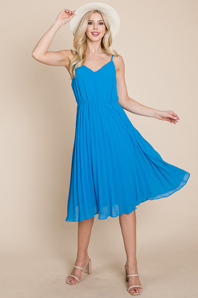 A stylish V Neck Pleated Midi Sundress featuring a sleeveless design, pleated skirt, and adjustable straps, perfect for summer occasions.