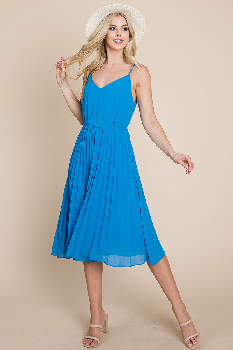 A stylish V Neck Pleated Midi Sundress featuring a sleeveless design, pleated skirt, and adjustable straps, perfect for summer occasions.