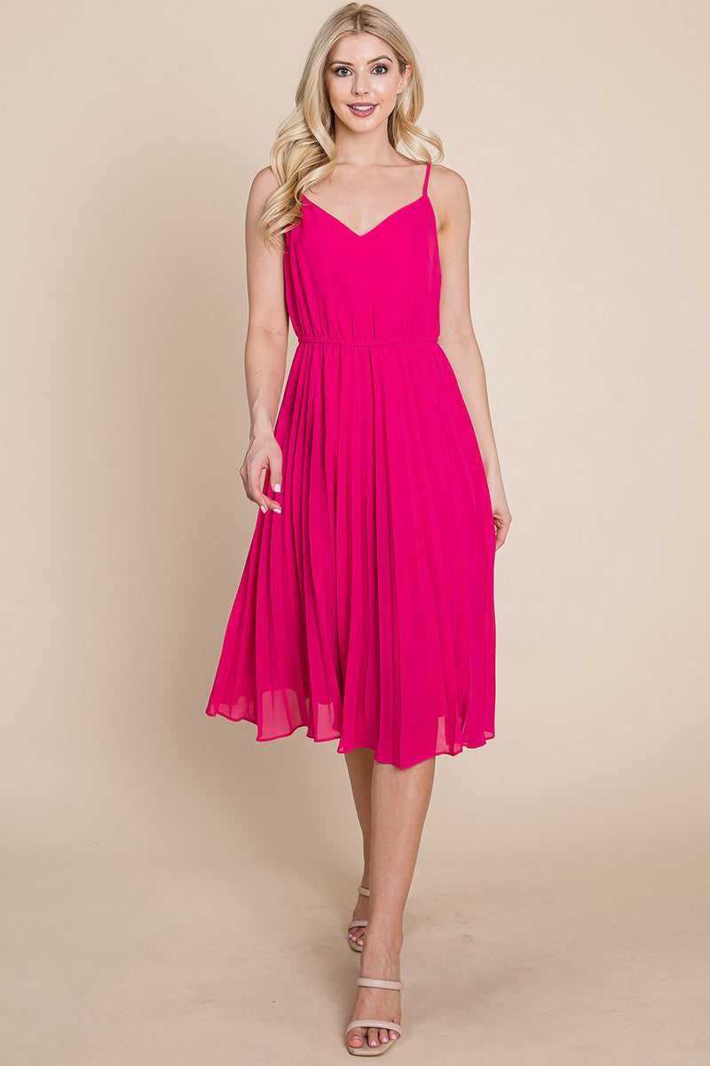 A stylish V Neck Pleated Midi Sundress featuring a sleeveless design, pleated skirt, and adjustable straps, perfect for summer occasions.