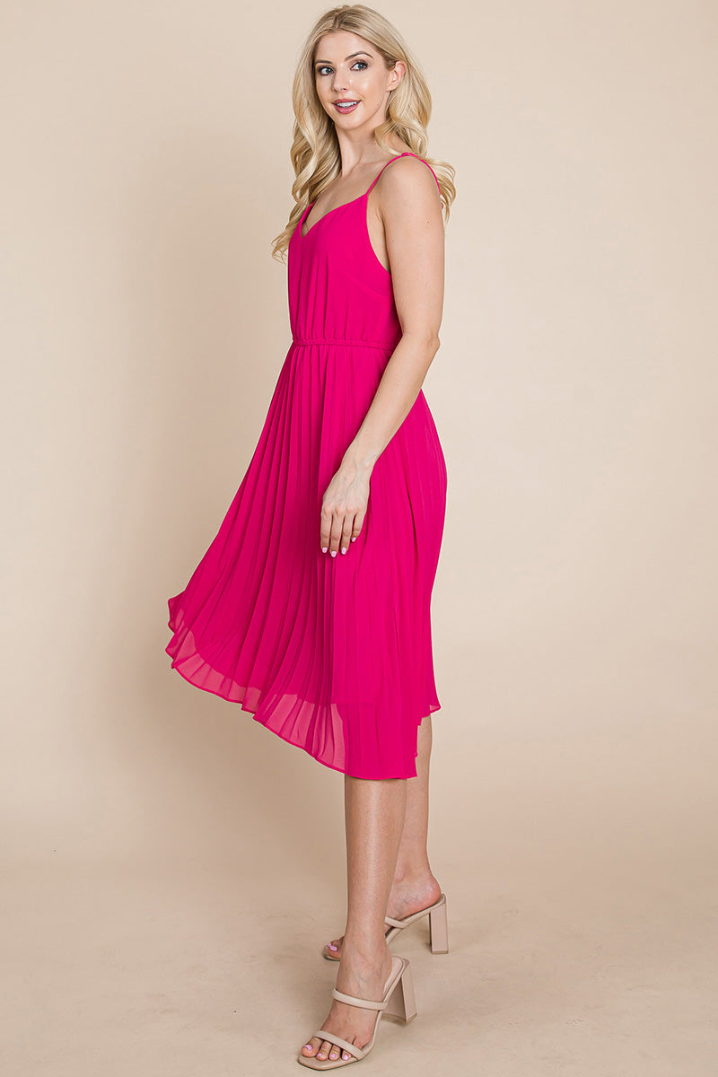 A stylish V Neck Pleated Midi Sundress featuring a sleeveless design, pleated skirt, and adjustable straps, perfect for summer occasions.