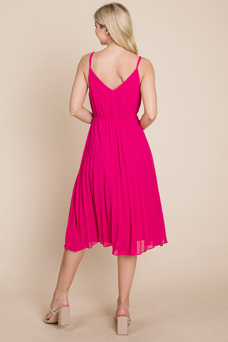 A stylish V Neck Pleated Midi Sundress featuring a sleeveless design, pleated skirt, and adjustable straps, perfect for summer occasions.