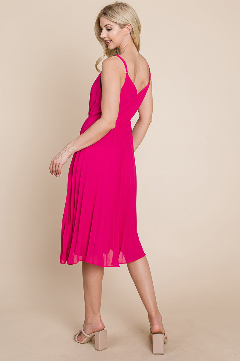 A stylish V Neck Pleated Midi Sundress featuring a sleeveless design, pleated skirt, and adjustable straps, perfect for summer occasions.