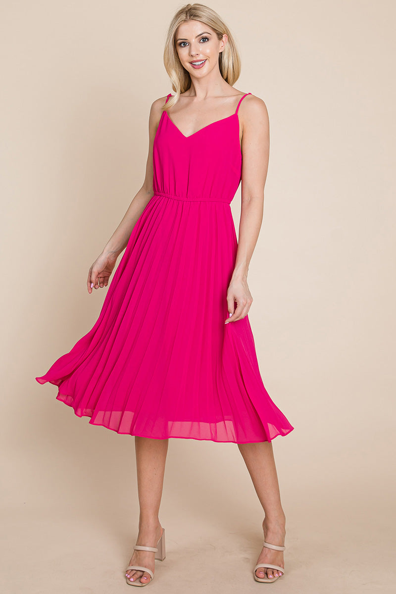 A stylish V Neck Pleated Midi Sundress featuring a sleeveless design, pleated skirt, and adjustable straps, perfect for summer occasions.