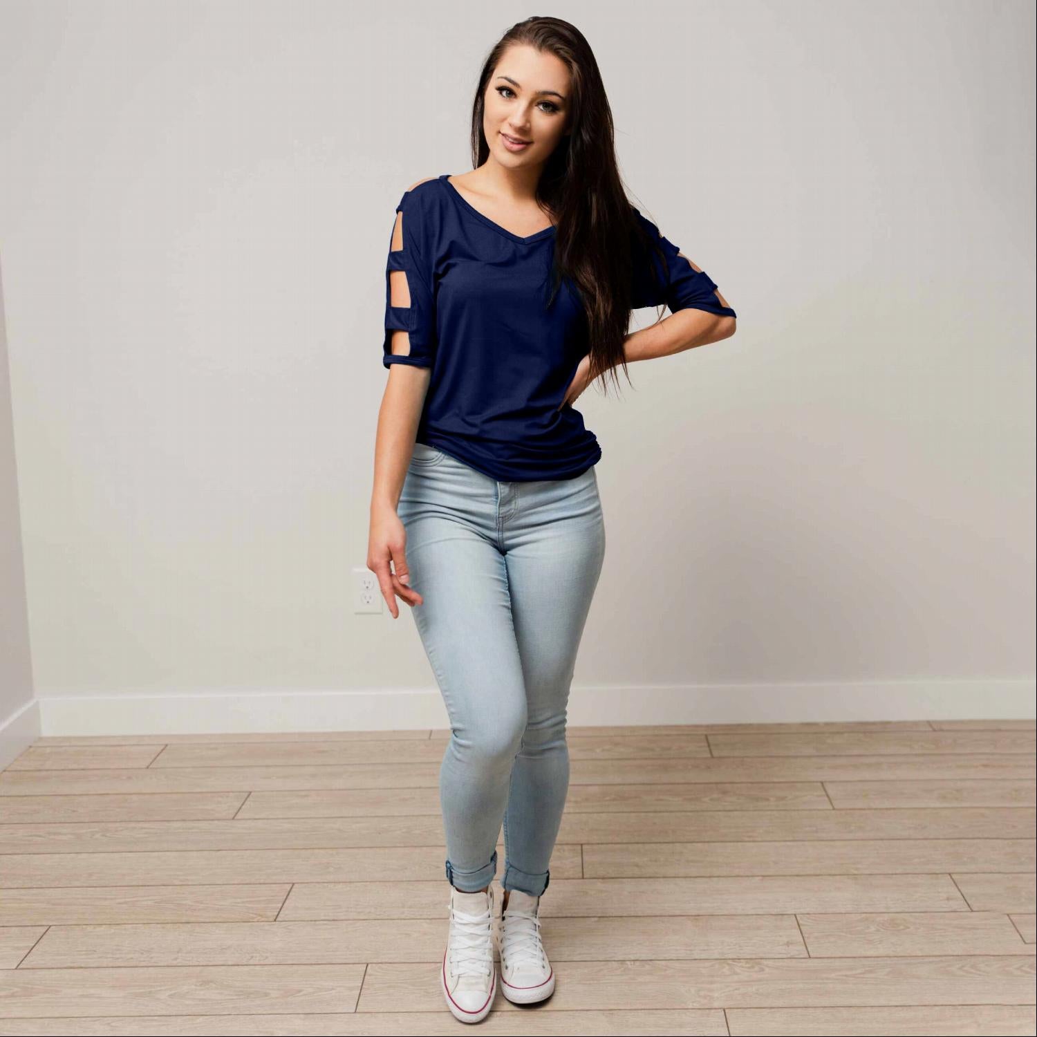 V Neck Short Sleeve Top featuring stylish arm cutouts and a moderate scoop neck, perfect for fall fashion.