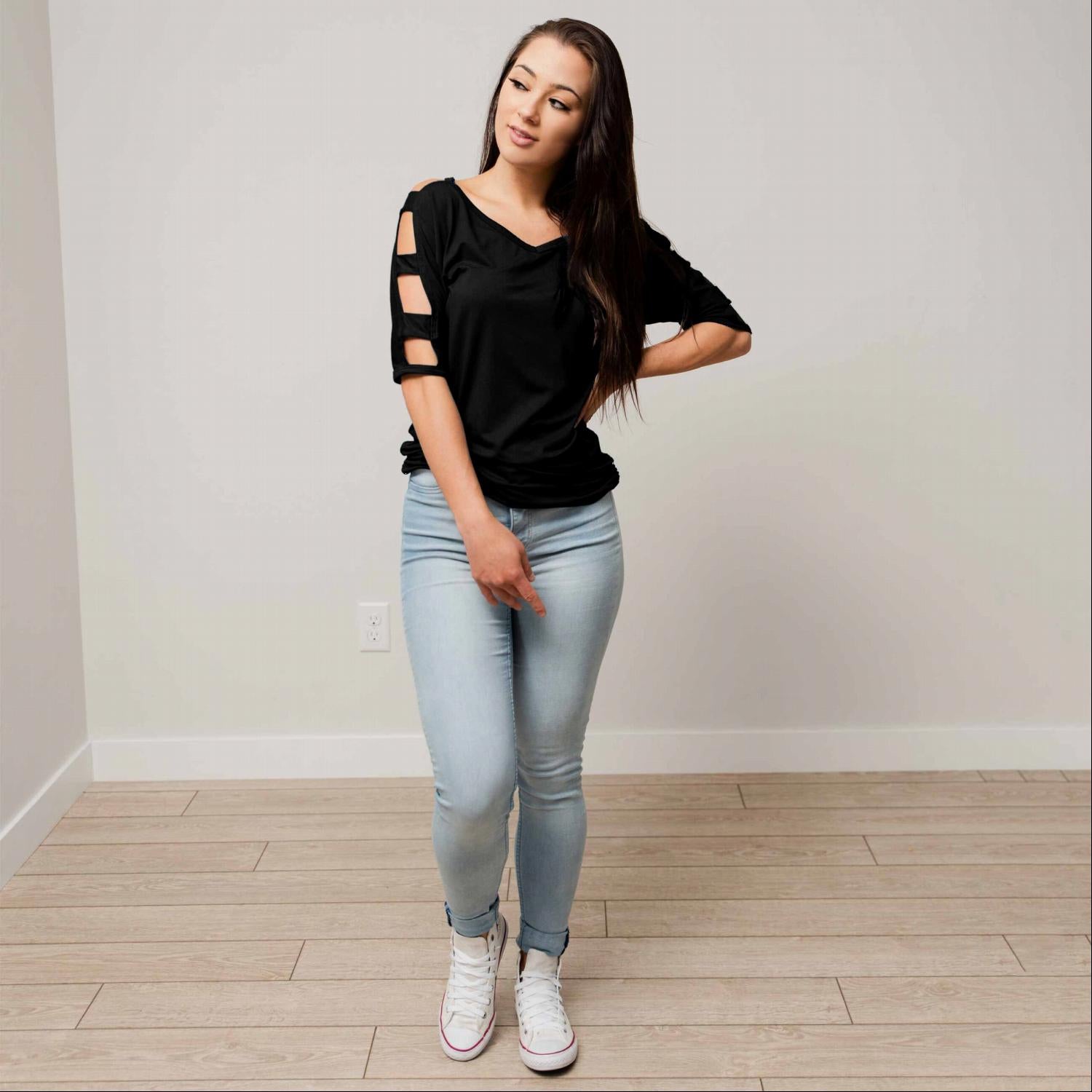 V Neck Short Sleeve Top featuring stylish arm cutouts and a moderate scoop neck, perfect for fall fashion.