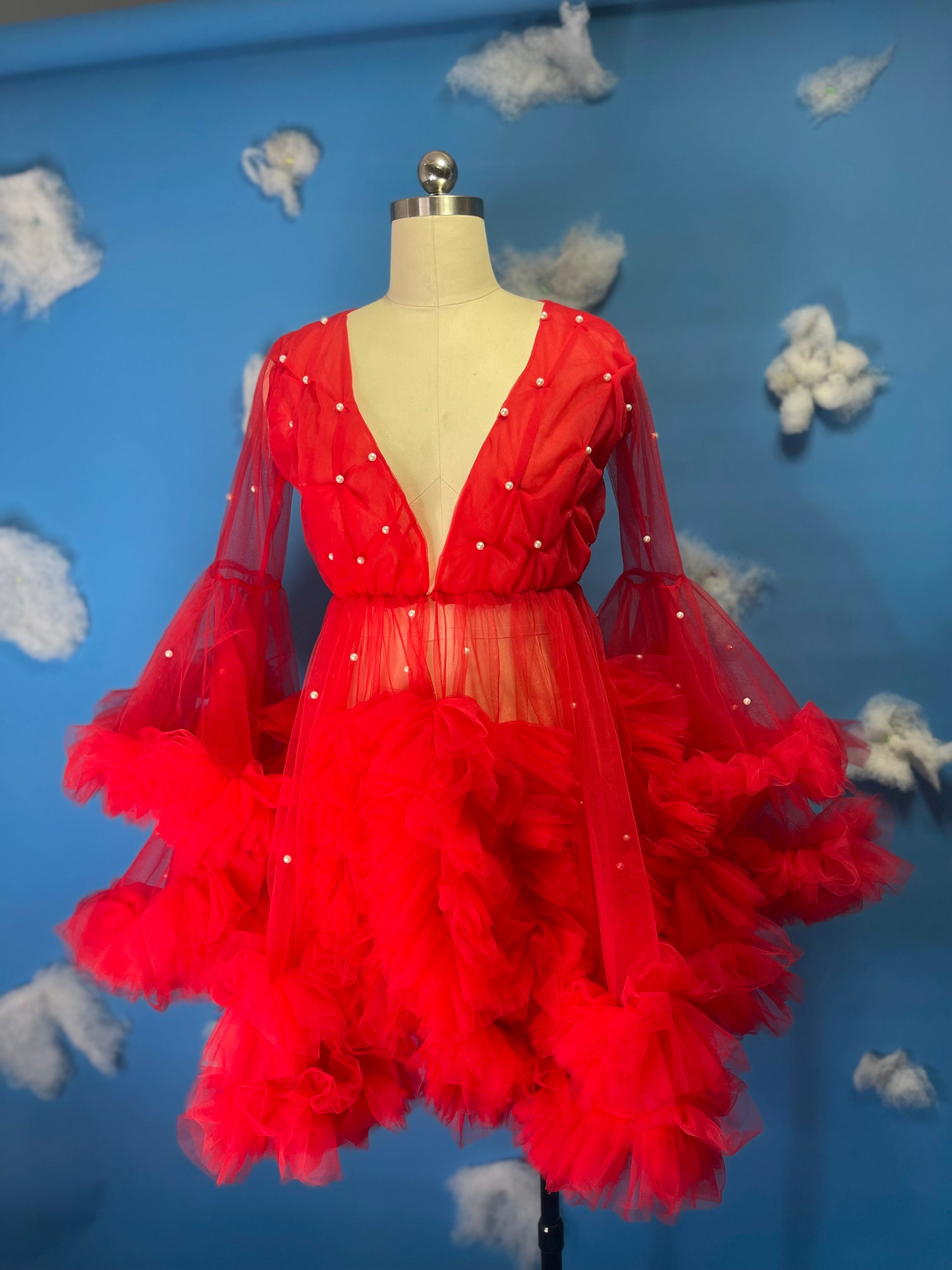 A beautiful handmade Valentina Robe made of soft, flowy tulle, featuring a hook and eye closure and an elastic waist, perfect for Valentine's Day.