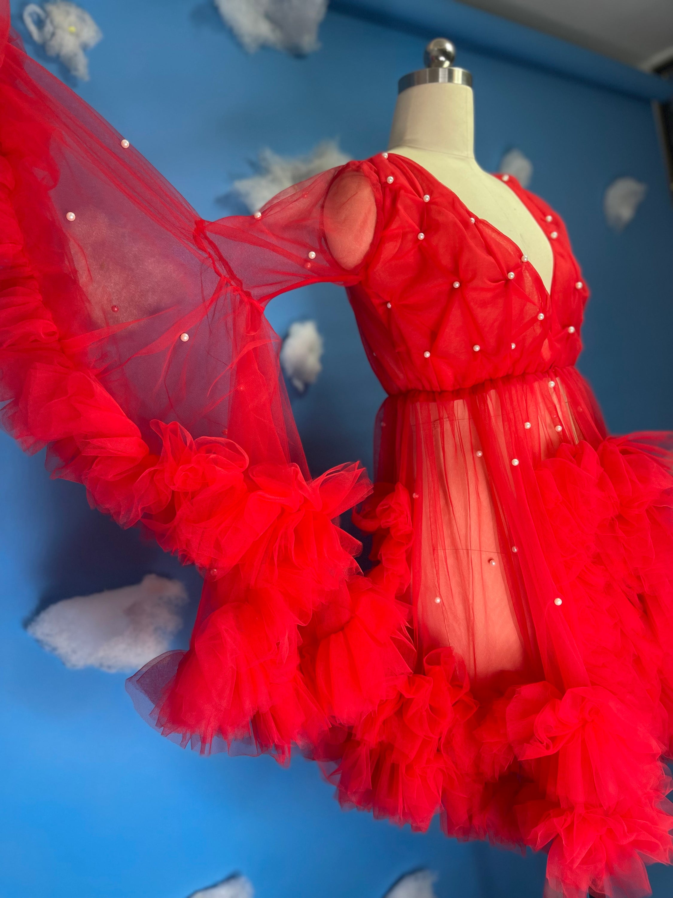 A beautiful handmade Valentina Robe made of soft, flowy tulle, featuring a hook and eye closure and an elastic waist, perfect for Valentine's Day.