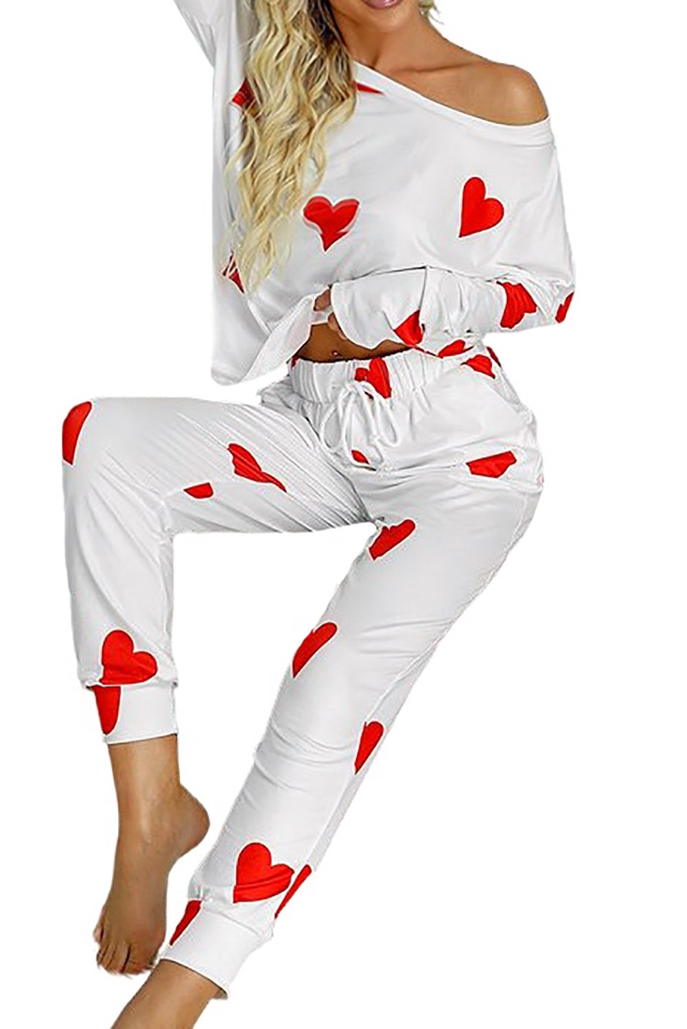 Valentine's Day Love Heart Print Long Sleeves Two-piece Loungewear set featuring a stylish heart pattern, perfect for cozy lounging.