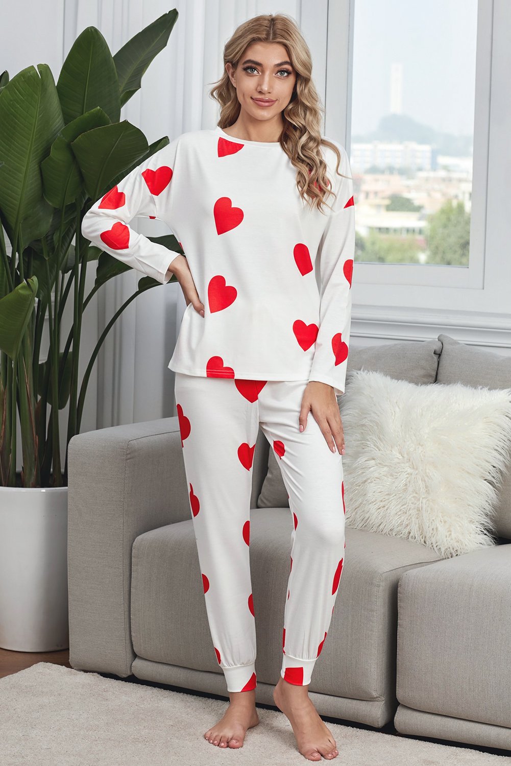 Valentine's Day Love Heart Print Long Sleeves Two-piece Loungewear set featuring a stylish heart pattern, perfect for cozy lounging.