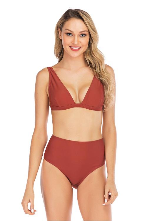 Vanessa two-piece swimsuit in soft red lycra, featuring a low V cut and high-waisted bottom, showcasing a stylish and comfortable fit.