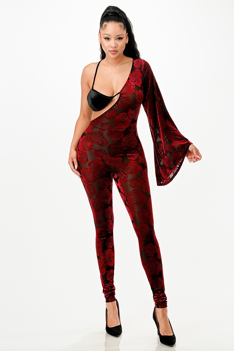 A stylish burgundy velvet flocking jumpsuit featuring bell sleeves and a skinny fit, perfect for elegant occasions.