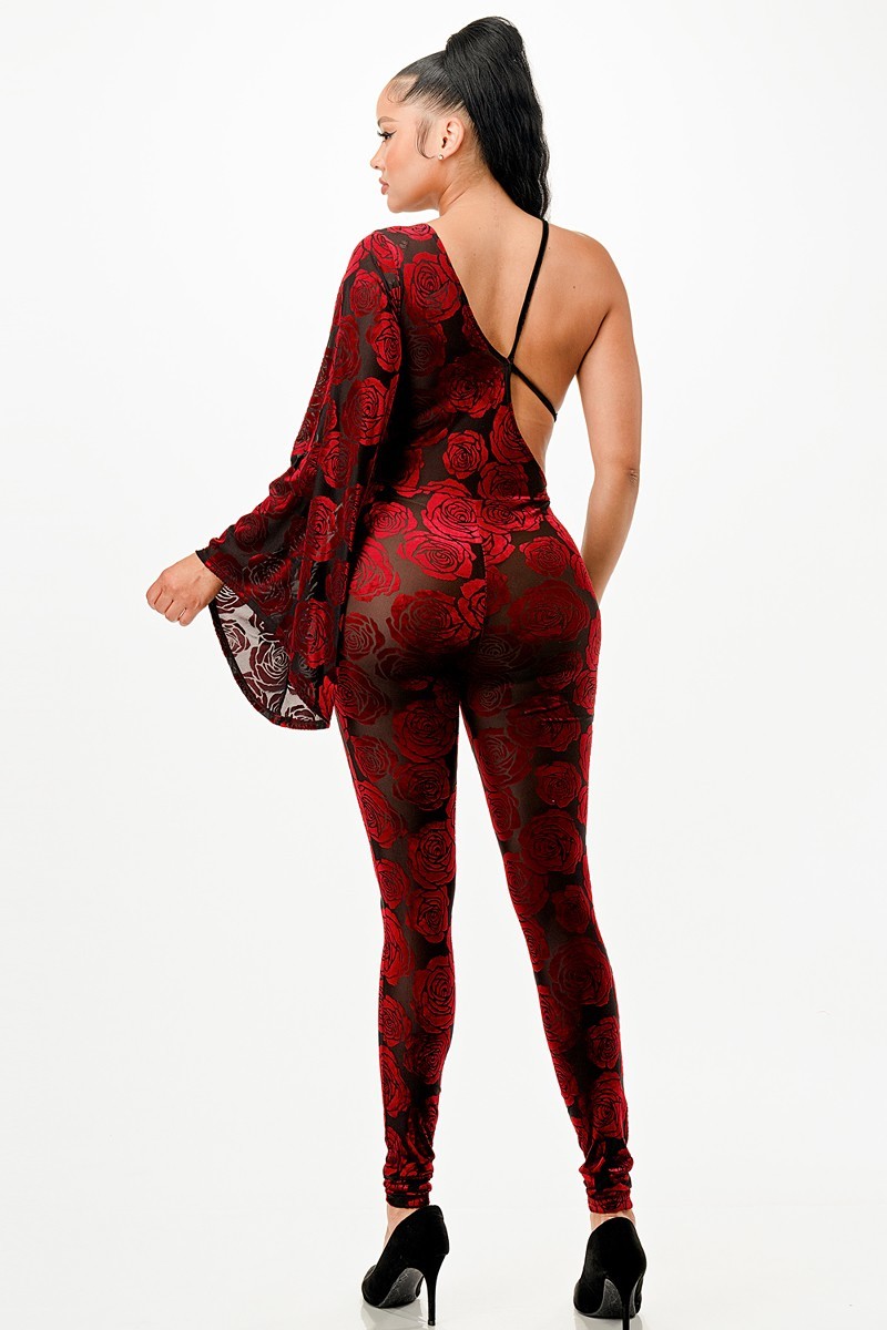 A stylish burgundy velvet flocking jumpsuit featuring bell sleeves and a skinny fit, perfect for elegant occasions.