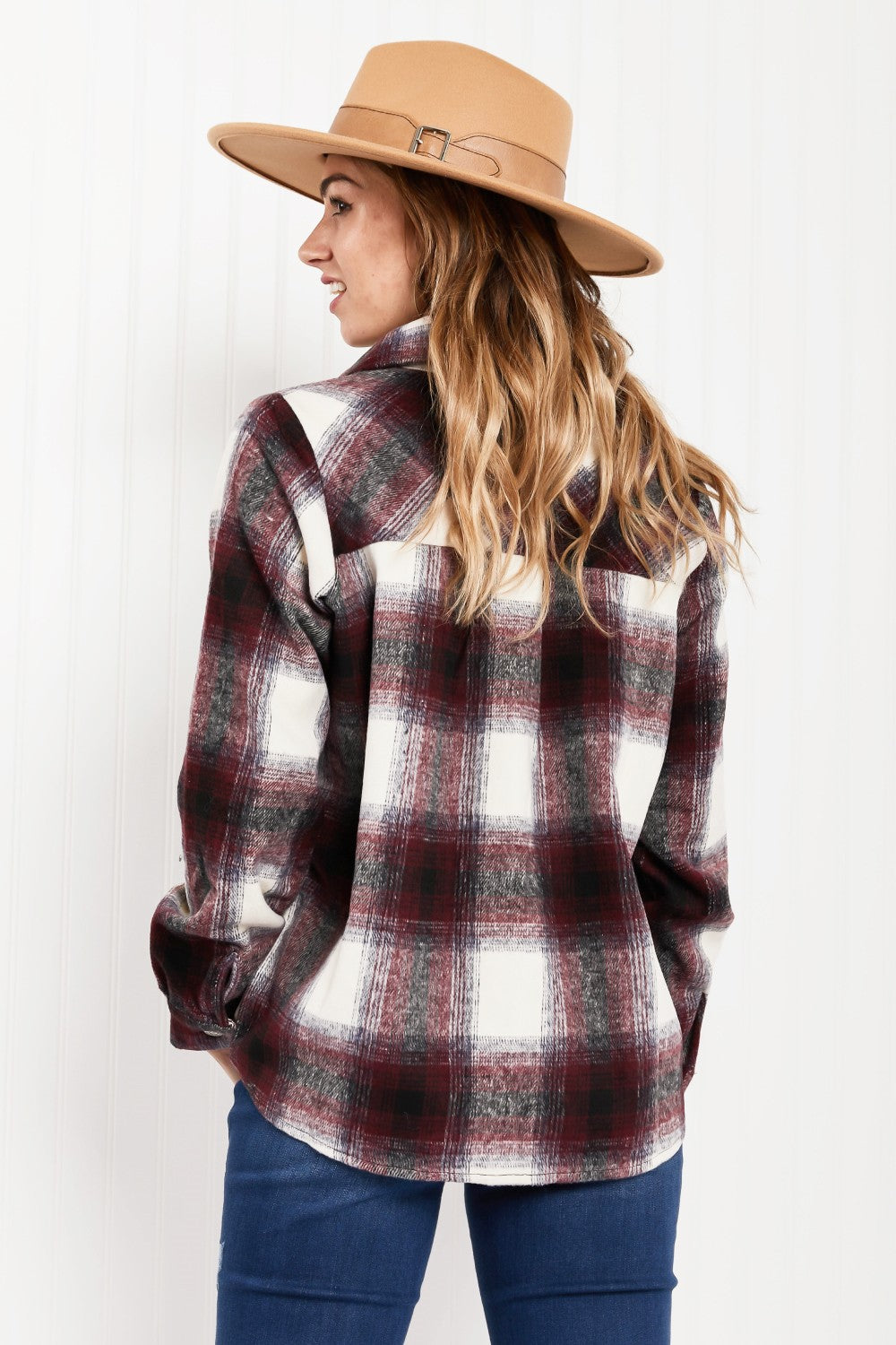 Vermont Weekend Plaid Yarn Dyed Shacket in vibrant colors with button closure and collared neck, perfect for colder weather.