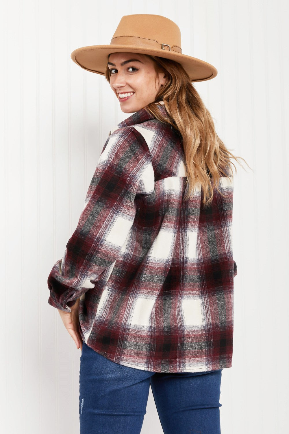 Vermont Weekend Plaid Yarn Dyed Shacket in vibrant colors with button closure and collared neck, perfect for colder weather.